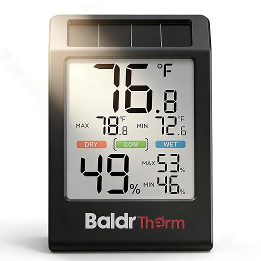 BALDR Solar Indoor Thermometer Hygrometer, Max/Min, Comfort Meter（Black） | Solar & Battery Dual Power |No Setup or App Required |Clear Comfort Level Indicator |Flexible Desk or Wall Placement