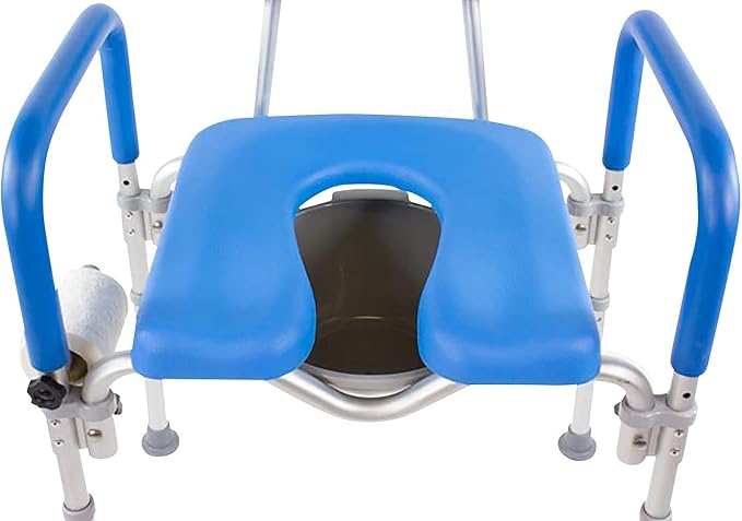 Dignity Ultra-Premium Padded Commode Shower Chair, Comfortable Raised Toilet Seat with Padded Arm Handles and Backrest, for Seniors, Elderly, Adjustable Height, Includes Commode Pail and Lid, Blue