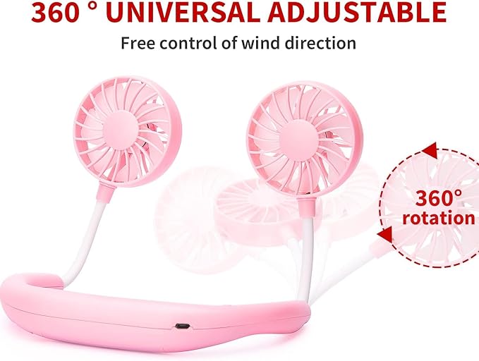 JUANANIUG Portable Neck Fan Rechargeable Personal HandFree Fan Mini USB Wearable Neckband Sport Fan 3 Speed Adjustable 360 Degrees Rotation Perfect for Working Traveling Office Reading (Pink)