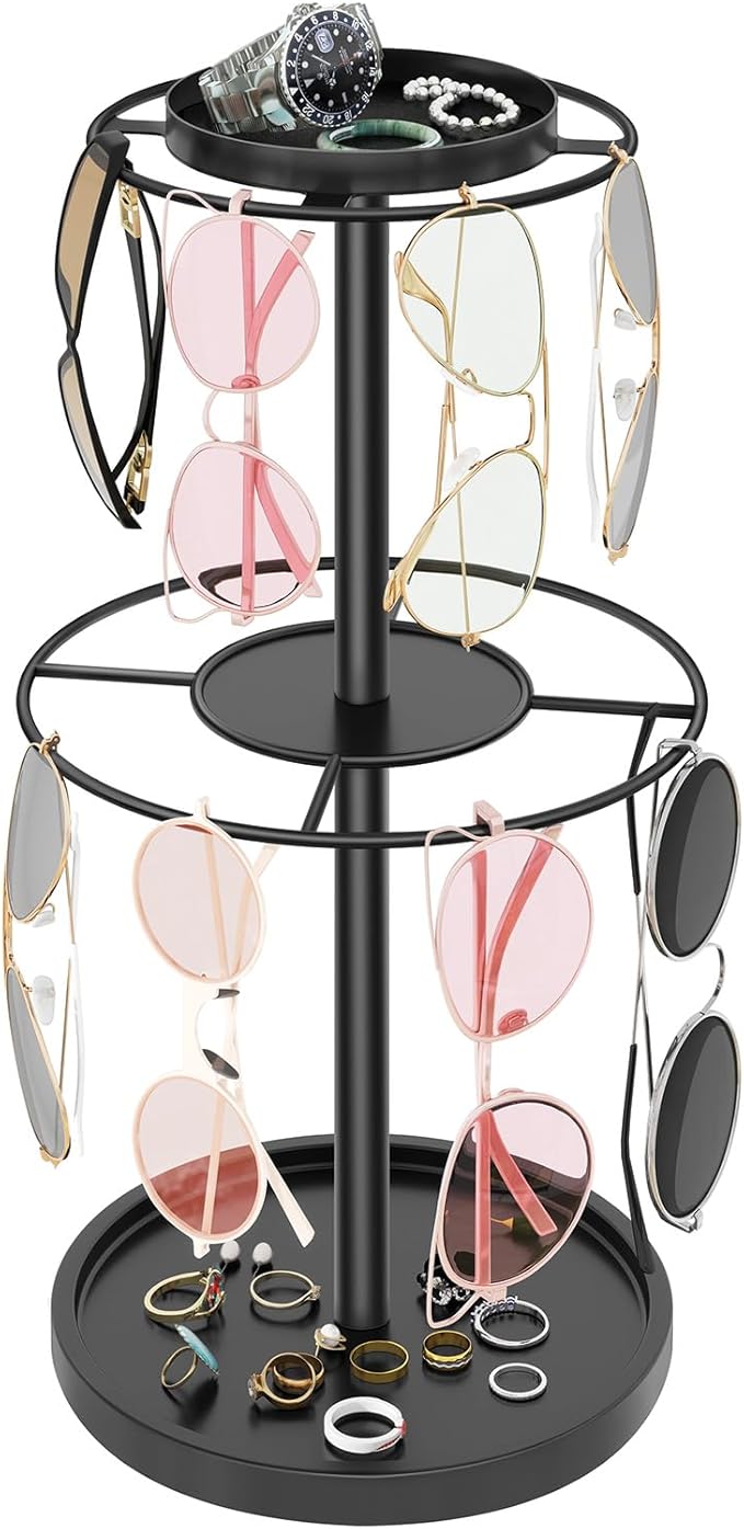 LSK 2-Tier Sunglass Organizer, Metal Glasses Stand with Storage Tray, Black | Sunglass Holder with Non-Slip Pad for Nightstand, Tabletop, Desk, Dresser, Hanging Up to 9 Pairs Sunlasses/Reading Glasses