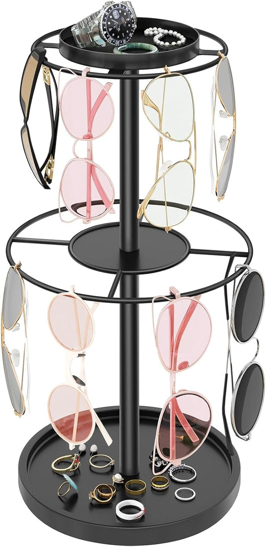 LSK 2-Tier Sunglass Organizer, Metal Glasses Stand with Storage Tray, Black | Sunglass Holder with Non-Slip Pad for Nightstand, Tabletop, Desk, Dresser, Hanging Up to 9 Pairs Sunlasses/Reading Glasses
