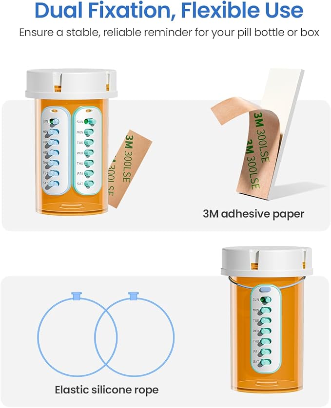Betife 2-Pack Pill Reminder Tracker - Elastic Lanyard & 3M Stickers, Reusable Medication Reminder for Most Pill Bottles, Daily Habit Tracker for Seniors & Busy Adults