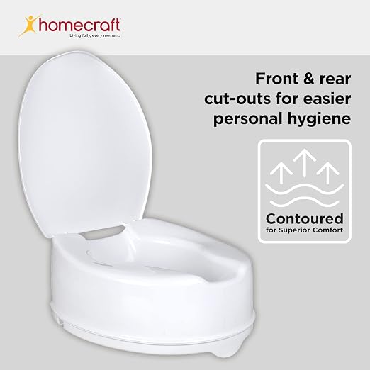 Homecraft Savanah Raised Toilet Seat 6" with Lid, Elongated & Elevated Lock Seat Support for Elderly, Handicapped and Disabled Users, White Colour | 6" raised toilet seat with lid adds seat height for seniors and users with limited mobility.