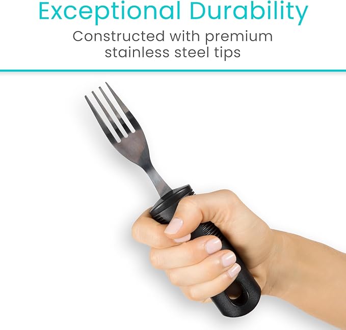 Vive Adaptive Utensil Set - Arthritis Aid Silverware for Parkinsons, Hand Tremors - Easy Grip for Shaking and Trembling Hands - Heavy Stainless Steel Spoon (Regular)