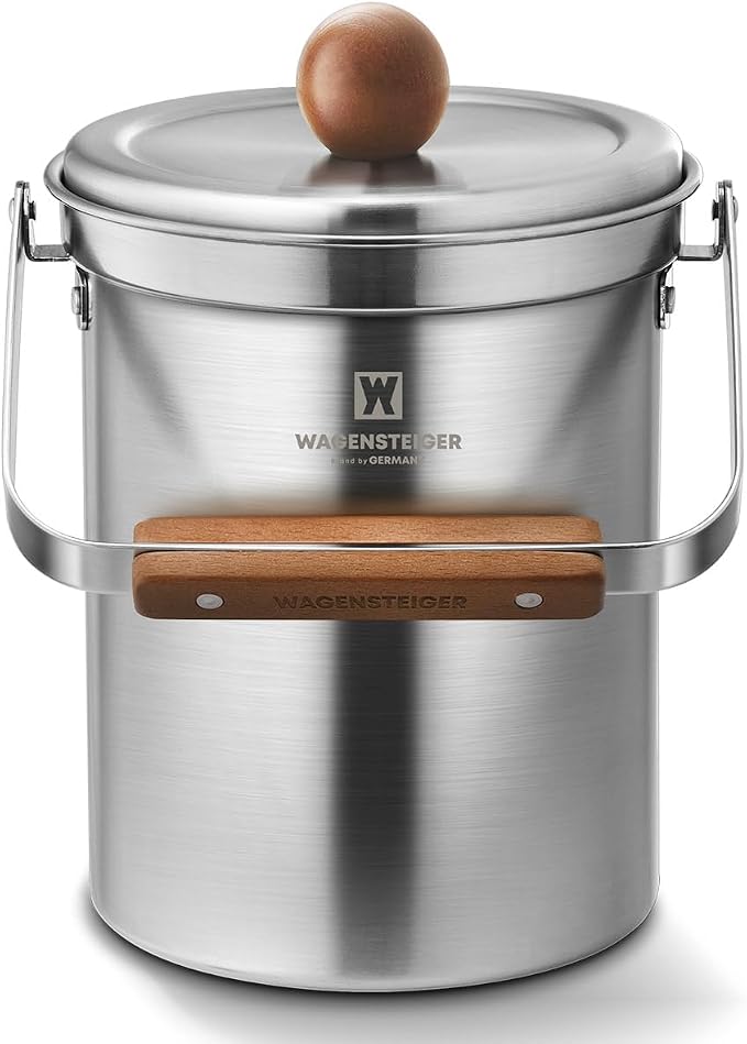 WAGENSTEIGER Kitchen Countertop Compost Bin 101ounces / 3Liters with Airtight Lid, SUS304 Stainless Steel Odor-Free Food Waste Bin with Wooden Handle Stylish Design/Bathroom Trash Can (Silver)