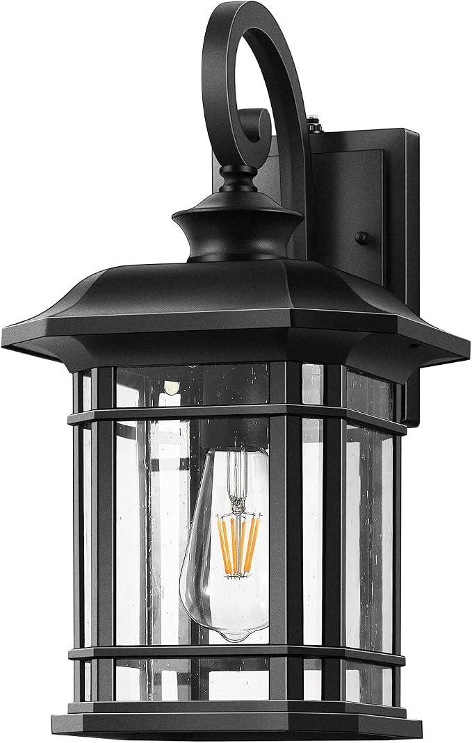 VIANIS 16.7 in Large Black Dusk to Dawn Outdoor Lighting, Anti-Rust Porch Light Fixture with Seed Tempered Glass, Waterproof Outdoor Wall Lights, Exterior Lighting Fixtures for House, Garden, Garage