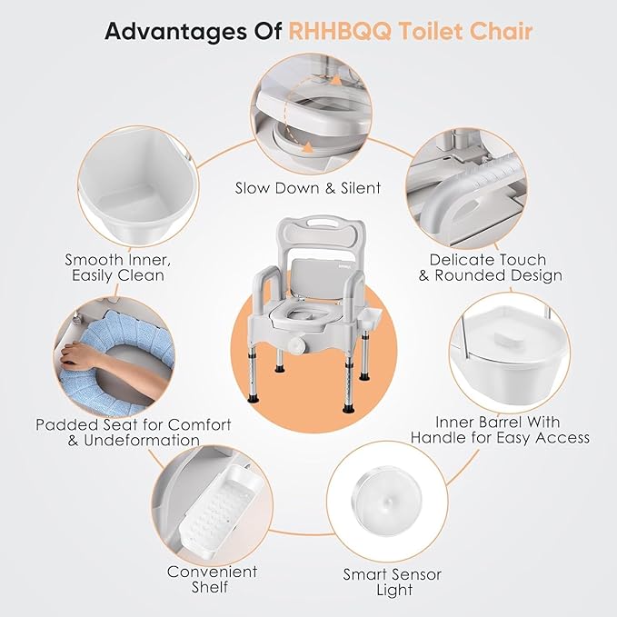 Bedside Commode Chair for Adults, 3-in-1 Commode Toilet for Elderly & Disabled, Portable Potty Chair with Bucket & Lid for Bedroom, Post Surgery & Home Care (GreyWhite)
