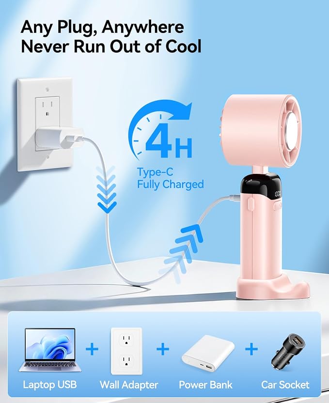KIMMOO Handheld Portable Turbo Fan with Ice Cooler, Powerful 21000 RPM, Speed (1-199), Up to 14Hrs Cooling, Rechargeable Personal Fan, Small Pocket Hand Fans for Travel/Outdoor/Home/Office (Pink)