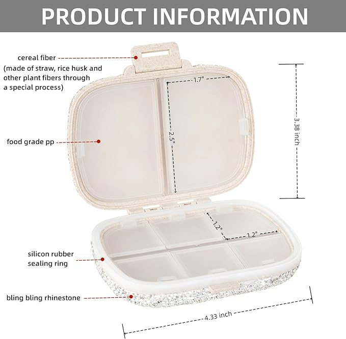 Medicine Organizer 8 Compartments Portable Travel Pill Organizer Crystal Small Pill Box Weekly Pill Container Daily Pill Holder Case for Vitamins,Cod Liver Oil, Supplement(Silver)