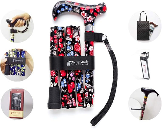 [Combo] Merry Sticks Lightweight Foldable Walking Canes for Women and Men, Adjustable & Collapsible Walking Stick for Seniors, Includes A Cane Bag & A Smart Reflective Cane Holder