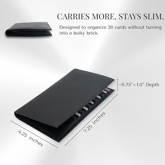 20 Card Wallet for Men, Long RFID Leather Credit Card Holder, Black | 2 Bill Compartments | ID Window | Open Bifold | Organized Carry | Jacket Friendly