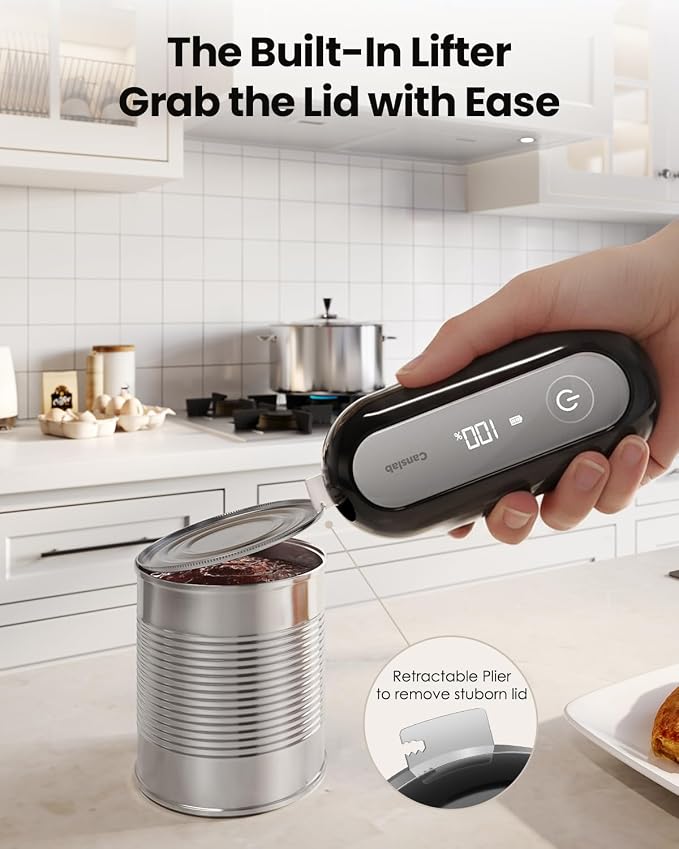 Canslab Retro Rechargeable Electric Can Opener, LED Battery Track&Auto Stop | True One-Touch Operation, Wall-Mountable Small Size, Side Cut Smooth Edge, Rechargeable, for Seniors with Arthritis, Black