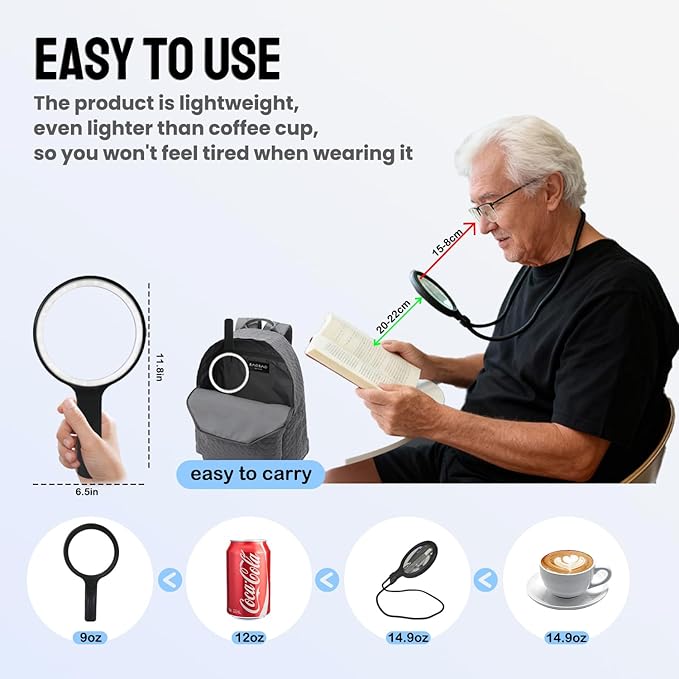 Hands-Free Magnifying Glass & Goose Neck Magnifier with Light | Neck-Worn Rechargeable for Reading, Crafts, Cross Stitch | 5X&10X Large View for Low Vision Seniors & Close Work