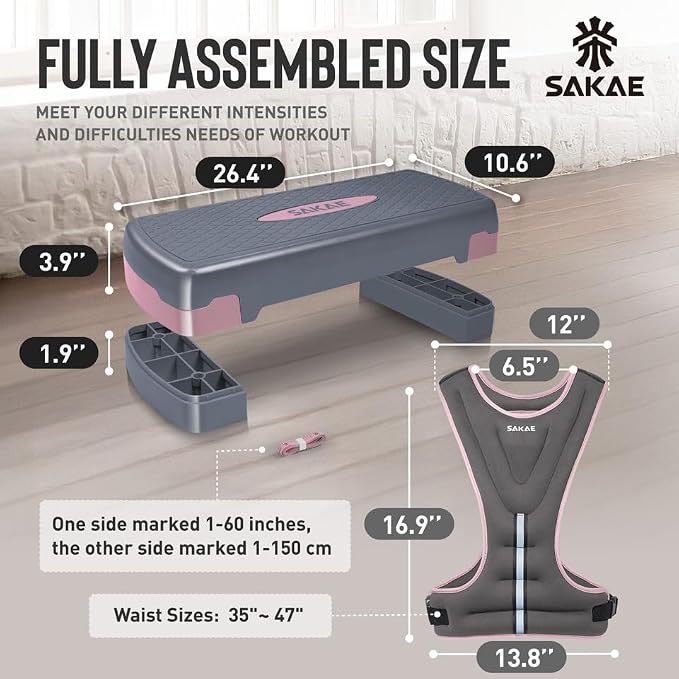 Adjustable Height Aerobic Stepper Set, Multiple Bundle Options with Dumbbells, Kettlebell, Waist Trimmer, Ankle Weights or Weighted Vest, Workout Exercise Step Platform w/Level Risers, 4 Colors