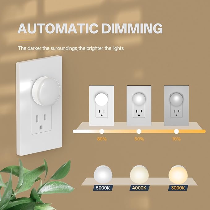 Night Light Plug in, Dimmable LED Mini Nightlights for Kids, Auto Dusk to Dawn Sensor, Automatic On and Off Night Lamp for Hallway,Bedroom, Stairway, 3 Brightness, Energy Efficient, 3CCT, 6Pack