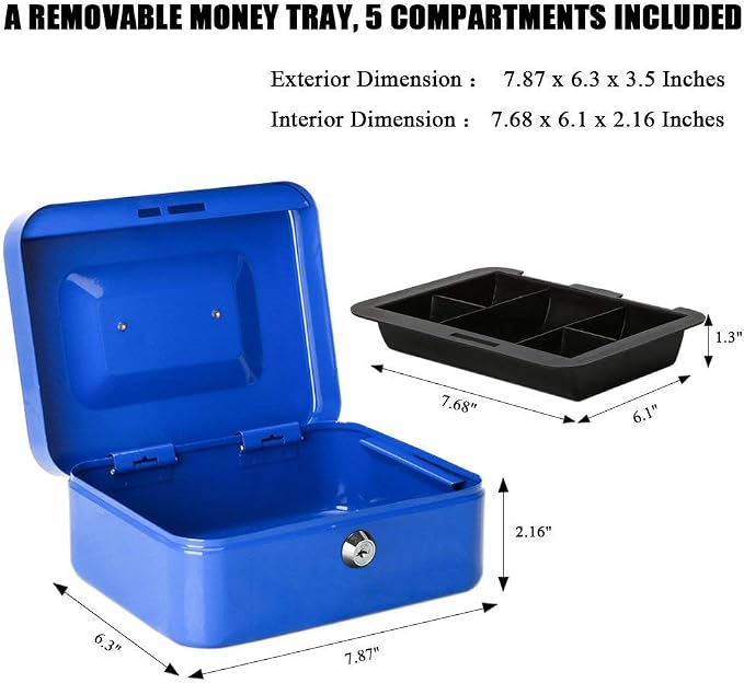 Jssmst Locking Medium Steel Cash Box with Money Tray,Lock Box,Blue