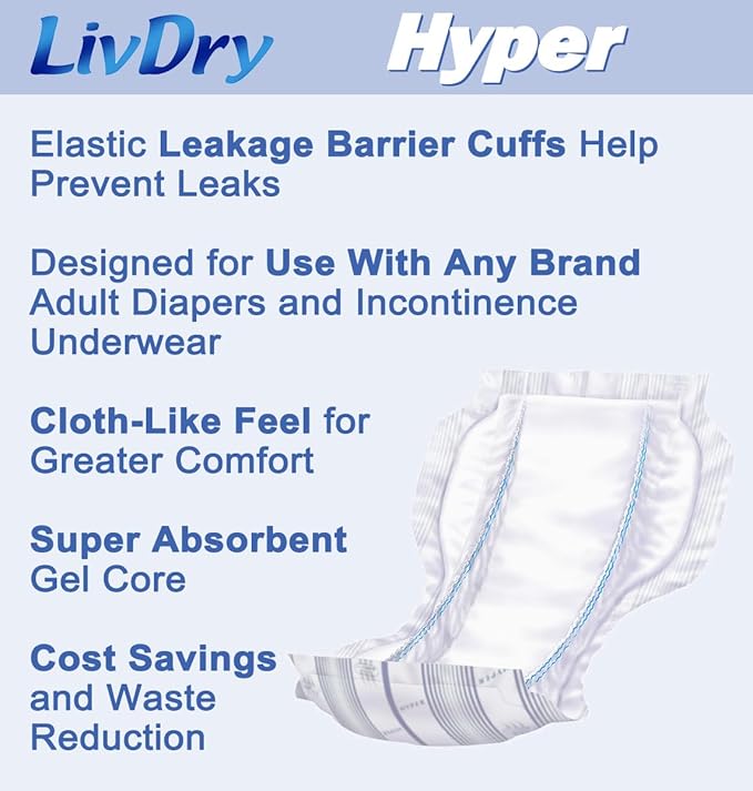 LivDry High Absorbency Pad Insert for Incontinence Briefs and Adult Diapers, Women and Men, Hyper 2400 (18 Count)