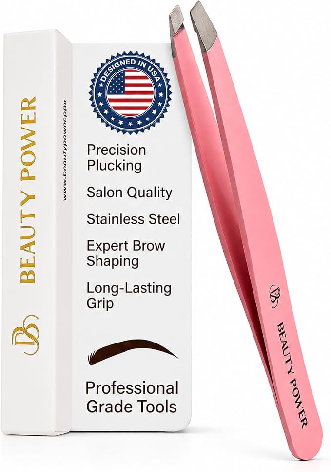 Beauty Power Slant Tip Precision Tweezers - Stainless Steel Eyebrow Tweezers for Women & Men - Precision Tweezers for Facial Hair, Ingrown Hair & Brow Shaping - Professional Beauty Tool (Pink)