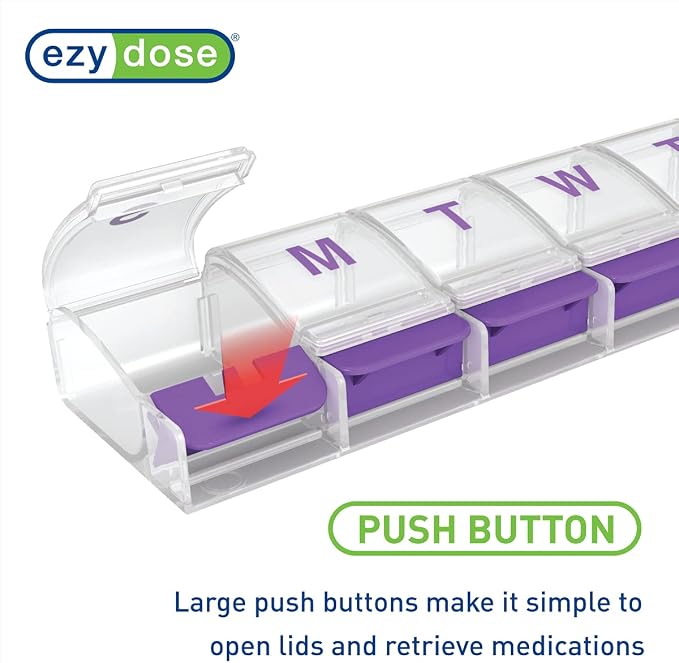 EZY DOSE Weekly (7-Day) Pill Case, Medicine Planner, Daily Vitamin Organizer Box, X-Large Push-Button Compartments, Convenient and Easy to Use, Arthritis Friendly, Clear Lids, Color May Vary, BPA Free