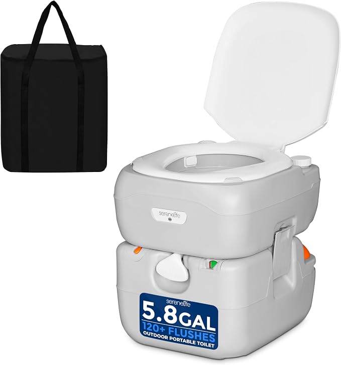 SereneLife 5.8 Gal Portable Camping Toilet For Adults, 120+ Flushes Porta Potty Camp Toilet with Detachable Waste Tank, Level Indicator, Carry Bag, Suitable for Camping, Hiking, and Boating
