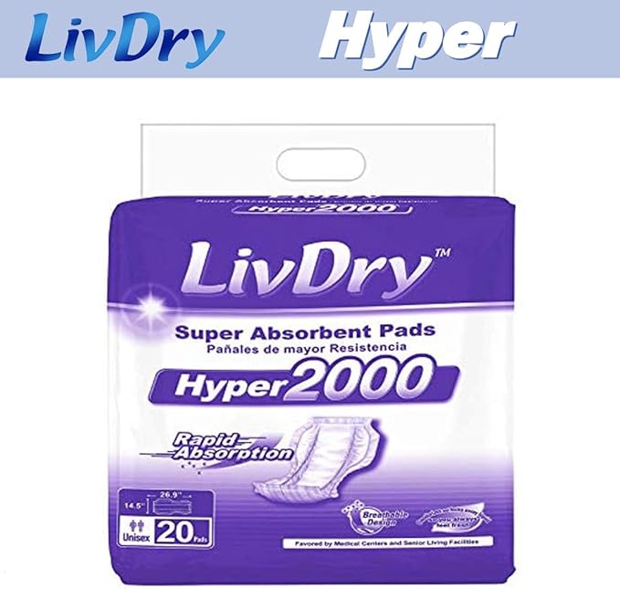 LivDry High Absorbency Pad Insert for Incontinence Briefs and Adult Diapers, Women and Men, Hyper 2000 (80 Count)