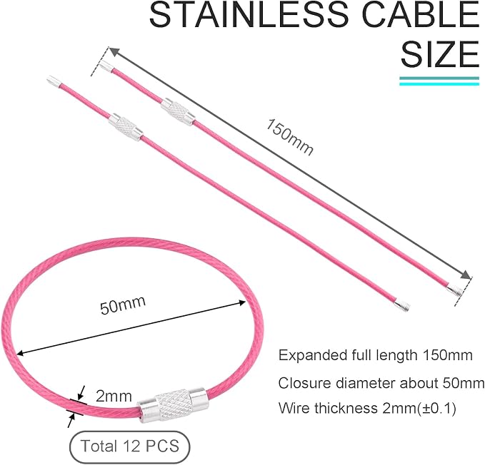 CooBigo 12 Pack Stainless Steel Loops 2mm Coated Wire Keychain Cable Large Key Rings 6 inch Key Chain for Women, Luggage Tags, Key Tags, Keyrings, Kitchen Utensils, Duster - Pink