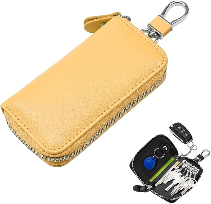Leather Car Key Holder Bag, Unisex Key Fob Case with 6 Hooks, Zipper Closure Keychian Case Wallet for Smart Keys (Yellow)