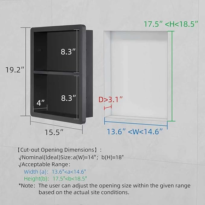 Shower Niche 14x18, Recessed Medicine Cabinet Without Mirror, 304 Stainless Steel Bathroom Storage Cabinet with Shelf, Waterproof Wall Niche for Bathroom in Matte Black