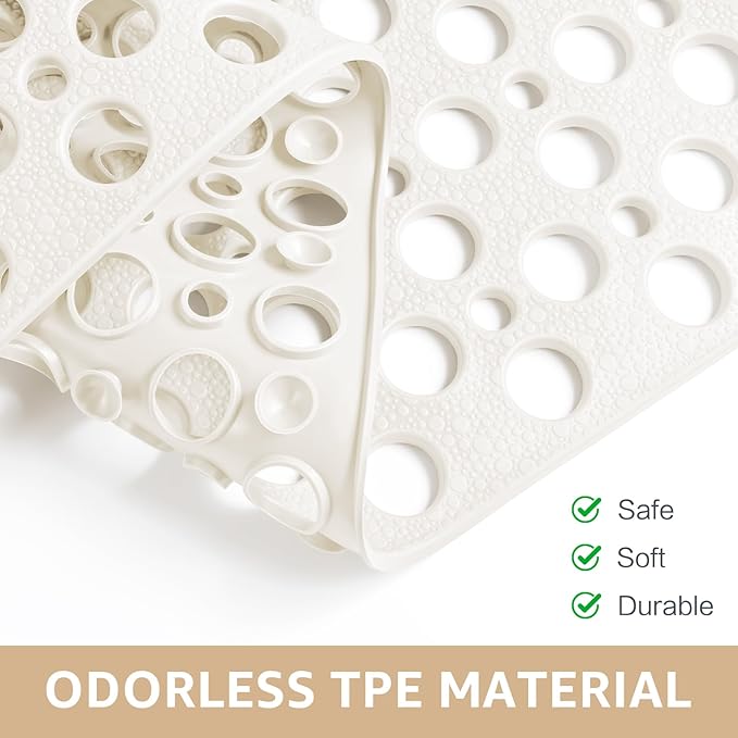 Yolife Large Shower Mat, 35 x 24 inch Non Slip Shower Mats for Inside Shower with Drain Holes and Suction Cups for Bathroom, No Odor TPE Shower Floor Mat, White