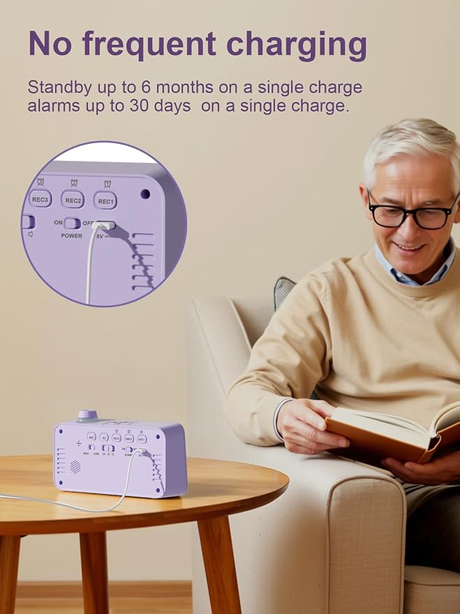 Medication Pill Reminder, Rechargeable Talking Alarm Clock with 3 Custom Voice Recording Alarms, Touch-to-Talk, a Digital Alarm Clocks Gift for Mom/Dad/Seniors/Elderly(Pruple)