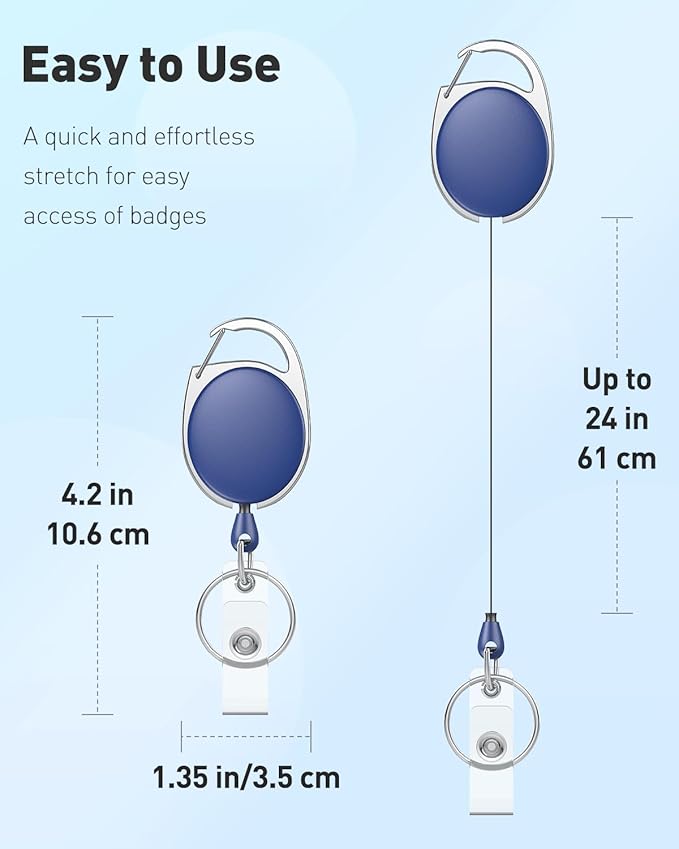 Uniclife 2 Pcs Retractable Badge Reel Keychain Clip for Badge Holder Blue | Heavy Duty, Retractable Badge Clip, Stainless Steel Spring Coil, 24in Nylon Rope, Hard Carabiner Clip, Polished Metal Keyring