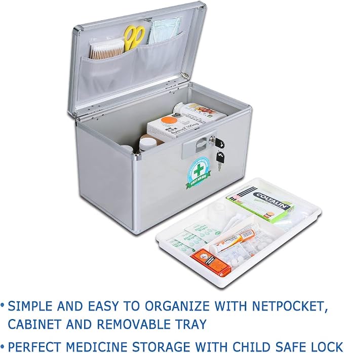 Portable Lock First Aid and Medicine Storage Box for Collection Organizing Keeping Carrying Health Care Drugs Accessories Tools (Small)
