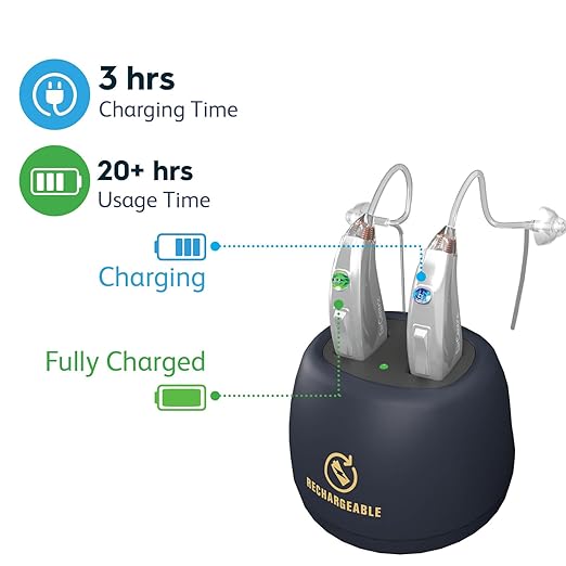 [Silver] EarCentric EasyCharge Rechargeable Hearing Aids (Pair) for Seniors, Behind-The-Ear BTE Ear Aid PSAP digital Personal sound amplification products devices with Noise Cancellation