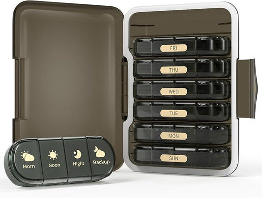 Weekly Pill Organizer 4 Times a Day, 7 Day Pill Box 4X, Portable for Travel Pill Case for Pills/Vitamin/Fish Oil/Medication/Supplements (4x7 Black)