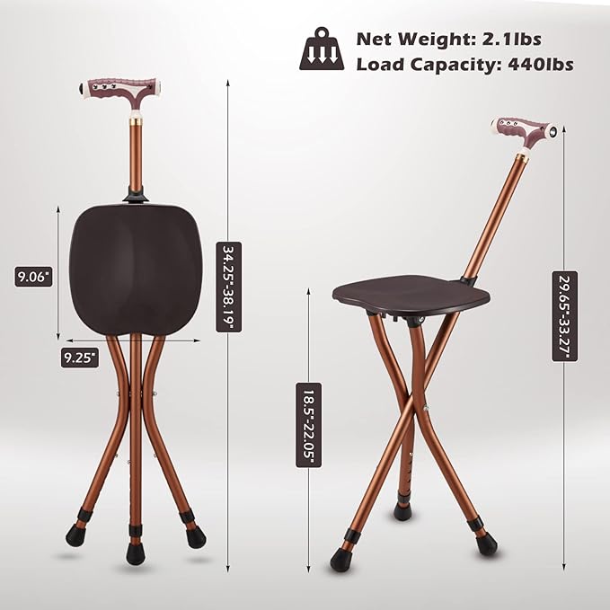 Haddockway Walking Cane with Folding Seat 440lbs Capacity Portable Crutch Chair with LED Light Adjustable Height Outdoor Rest Stool Sticks for Elderly Seniors Women Men