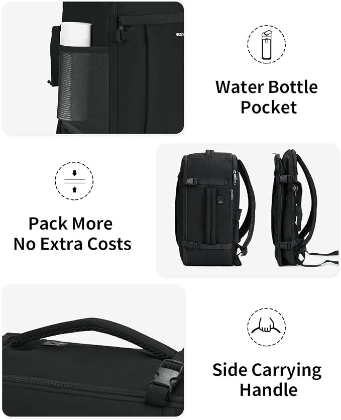 ECOHUB 17'' Small Travel Backpack, United Airlines Personal Item Bag 16.9"x10"x7.5" Carry on Backpack with USB Port Luggage Sleeve Travel Essentials for Men Women Water Resistant, Black