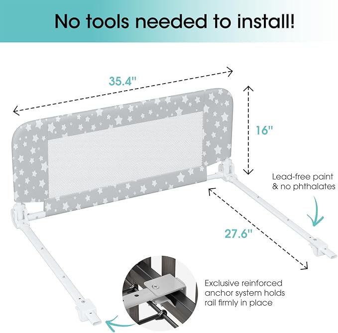 NUTIKAS Crib Rail Guard for Toddlers - 35.4" Toddler Bed Rails Convertible Safety Side Protector Swing Down Mesh Breathable Bed Barriers with Reinforced Anchor Safety