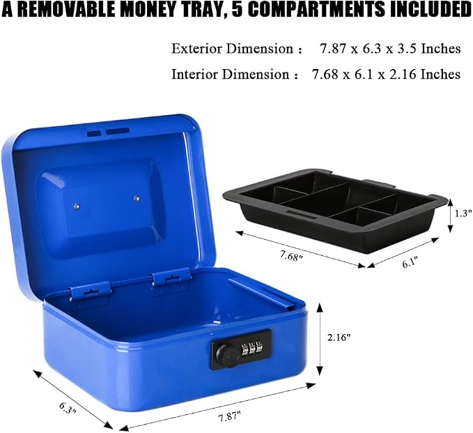 Jssmst Medium Cash Box with Combination Lock-Durable Metal Cash Box with Money Tray Blue, 7.87 x 6.3 x 3.35 inches, CB0702M