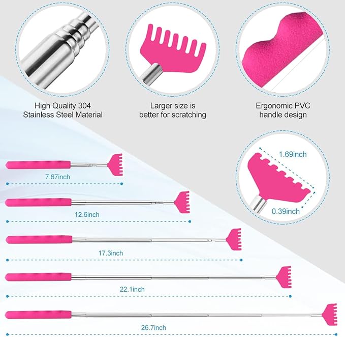 4 Pcs Different Style Back Scratcher Metal Portable Telescoping Tool, Extendable Back Massager Back Scratcher with a Box, Great Gifts for Men Women Stocking Stuffers (Pink)
