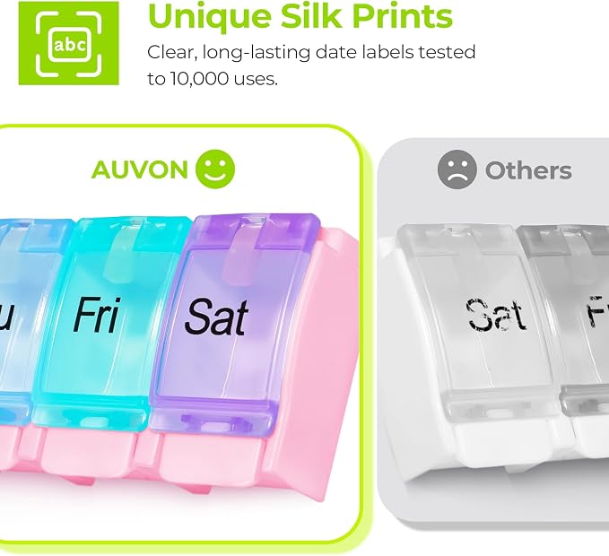 AUVON Weekly Pill Organizer Arthritis Friendly, BPA Free Travel 7 Day Pill Box Case with Spring Open Design and Large Compartment to Hold Vitamins, Cod Liver Oil, Supplements and Medication