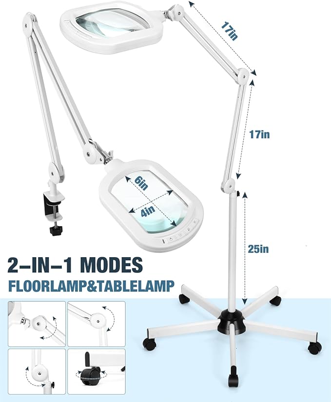 10X Magnifying Glass with Light and Stand, Large Rectangle Optical Glass Lens Floor lamp with 5 Wheels Rolling Base, 5 Color Modes LED Lighted Hands Free Magnifier for Reading Esthetician Facial Craft