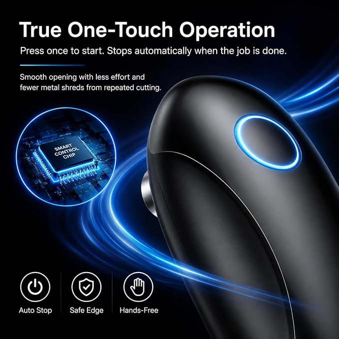 Rechargeable Electric Can Opener for Seniors & Arthritis, Automatic One-Touch Operation, Smooth Edge Cutting with Auto Stop & Magnetic Lid Lifter, Hands-Free, USB-C, Compact, Black
