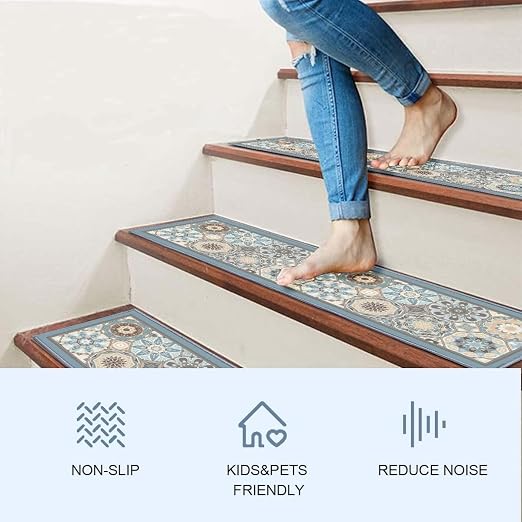 Stair Treads for Wooden Steps, 15 PCS, 30"X8", Blue | Edging Non-slip Stair Runner Indoor, Self-Adhesive Backing, Washable Reusable, Carpet Stair Treads for Kids Elderly Pets