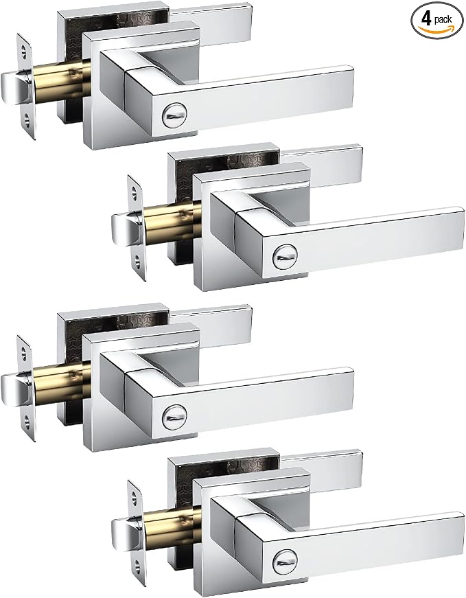 KNOBWELL 4 Pack Door Handles Interior Privacy Doorknob with Straight Lever Polished Chrome Bedroom/Bathroom Door Handles