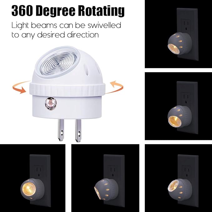 Emotionlite Plug-in Night Lights, Warm White LED Nightlight, 360° Rotation, Dusk to Dawn Sensor, Kids, Adult, Bedroom, Hallway, Bathroom,Kitchen, Stairways, Corridor, 4 Pack
