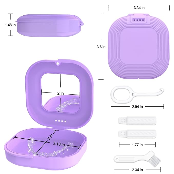 Retainer Case with Mirror and Vent Holes, Cute Retainer Holder Case Compatible with Invisalign, Aligner and Night Guard Case, Slim Retainer Case with Retainer Removal Tool, Chewies & Brush (Purple)