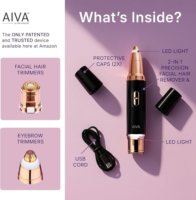 SPA SCIENCES AIVA: 2-in-1/Double Sided Facial Hair Remover & Eyebrow Trimmer USB Rechargeable with Built-in LED Lights