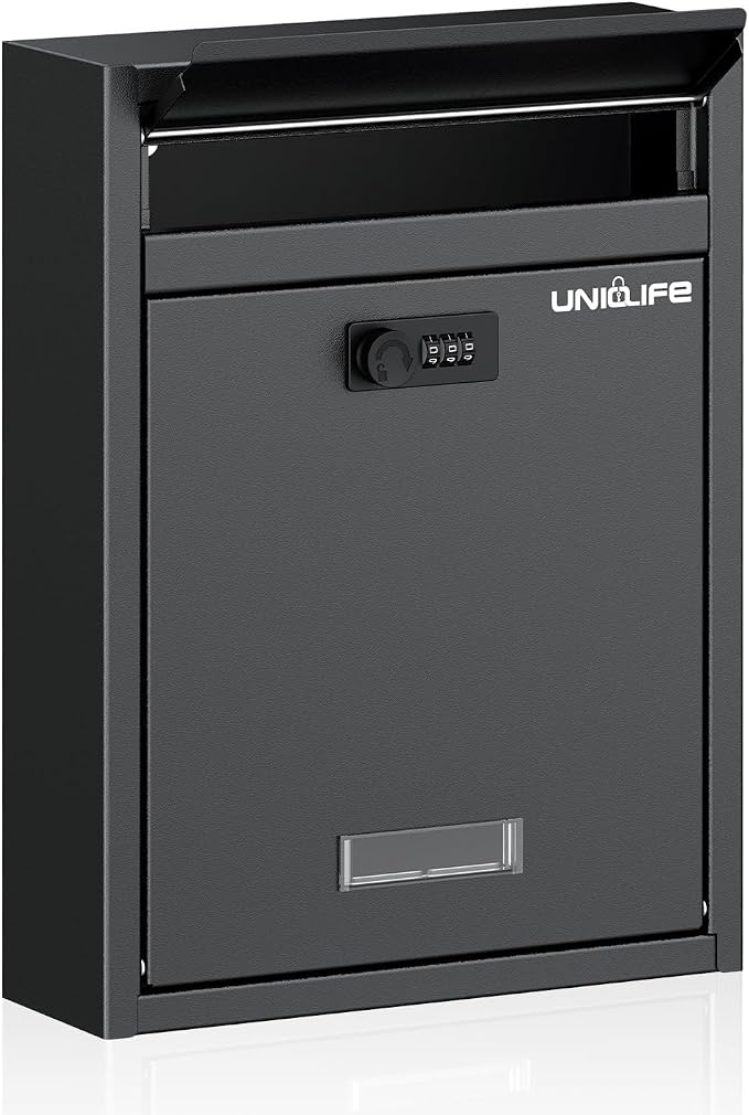 Uniclife Wall Mount Mailbox for Outside, Large Locking Mailbox, Black | Security Mail Box with Combination Lock, Safe Key Drop Box, Post Box, Steel Cash Drop Box for Home Office School
