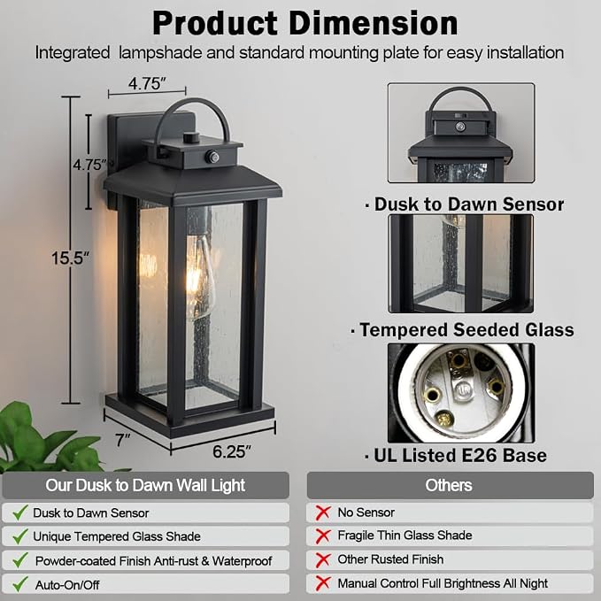 2-Pack 15.5 Inch Dusk to Dawn Outdoor Lighting Wall Mounted | Matte Black, E26 Socket, Hardwired, Clear Seeded Glass, Anti-Rust, Waterproof Outdoor Lights for House