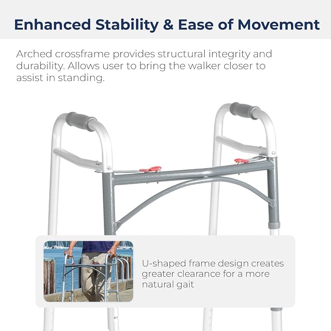 Drive Medical 2-Button Standard Foldable Walker for Seniors & Adults - Adjustable Legs - Lightweight Aluminum Construction - 350 Lb Weight Capacity - Basic Walking Aid - Silver